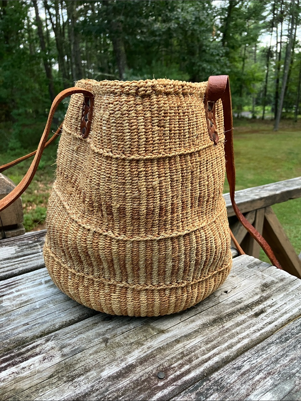 Vintage French Market Bag Sisal Straw Tote Leather Straps - Picture 5 of 13